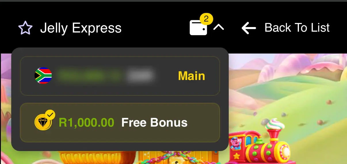 In-game wallet drop-down showing Main and Free Bonus options